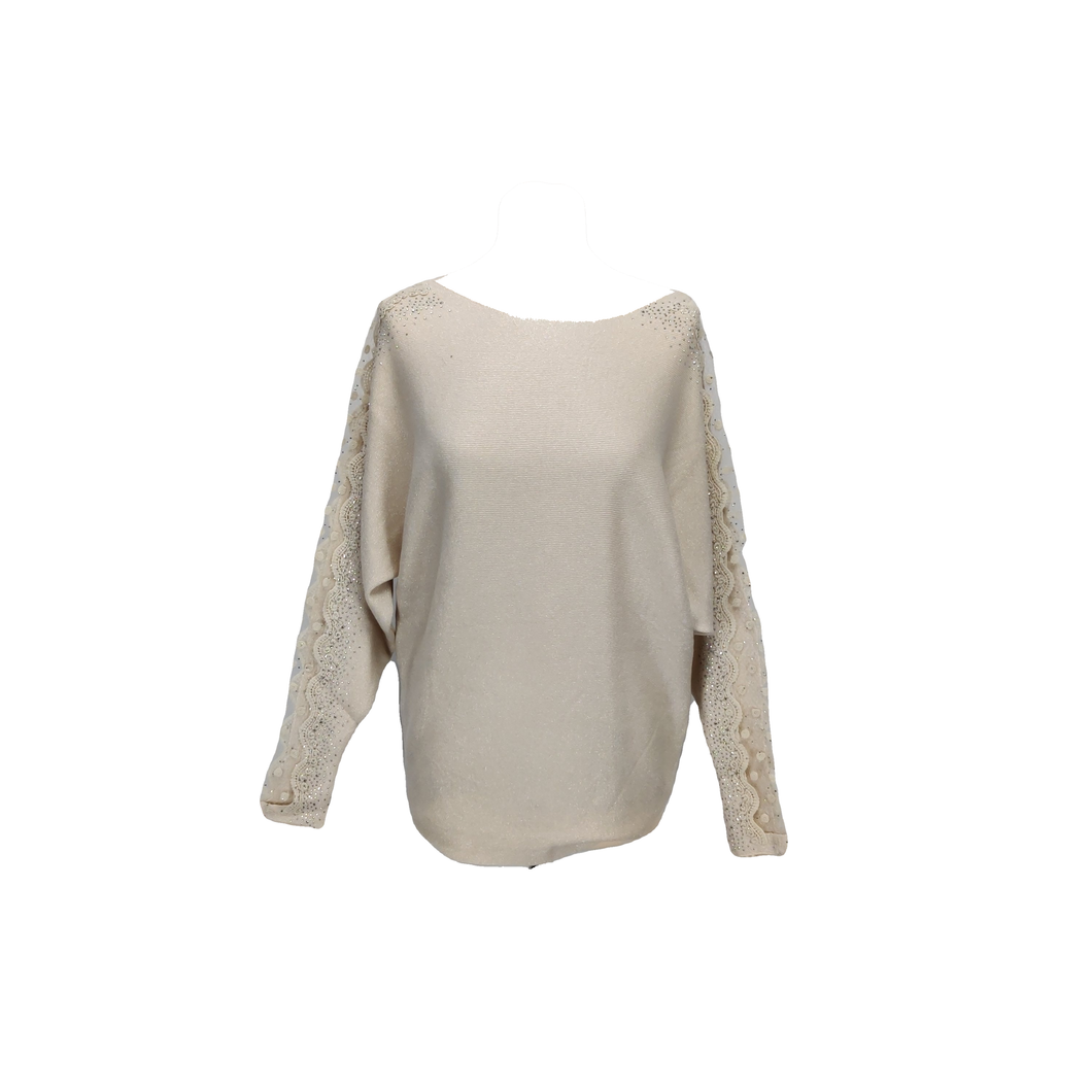 Amour & Beaute Y110 Beige dame festbluse med glitter | Pufærme bluse